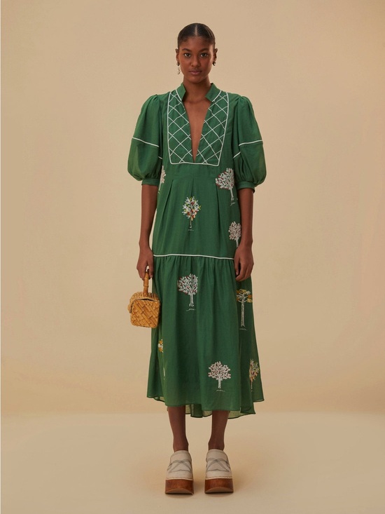FARM Rio Dresses & Skirts - Farm Rio: Green Embroidered Trees Organic
Cotton Midi Dress